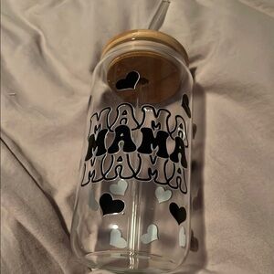Never Used Handmade Heart Design Glass Tumbler with Straw